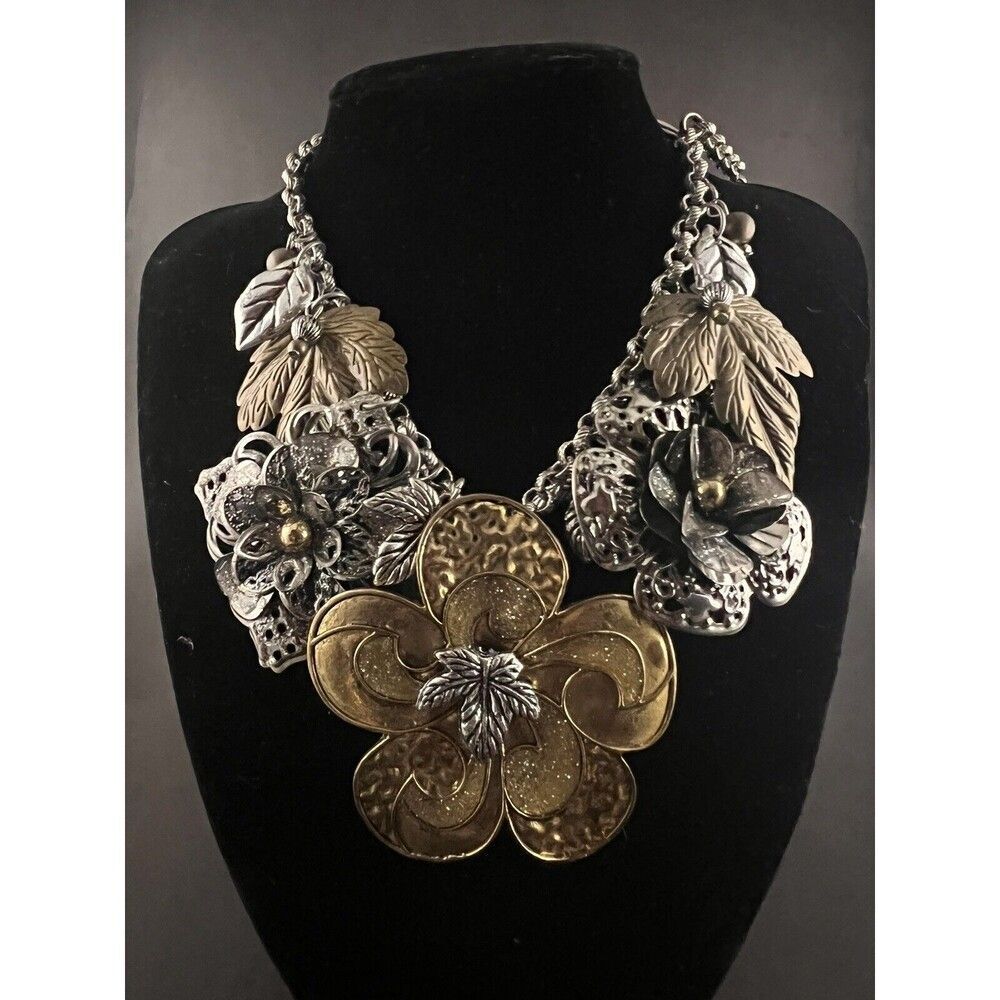 Flower Cottage Gold Tone Floral Egyptian Statement Necklace Cosplay Grandma